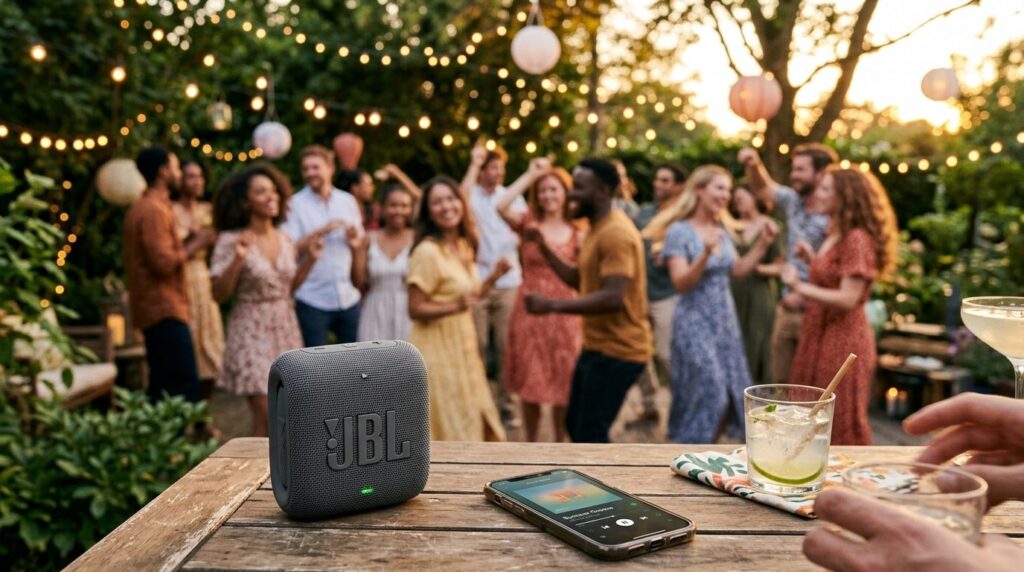 Realistic lifestyle photo of a compact Bluetooth speaker pla