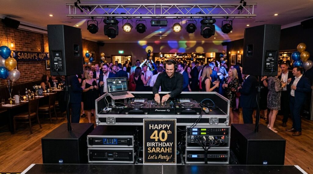 Professional event setup photo showing a rented DJ sound sys