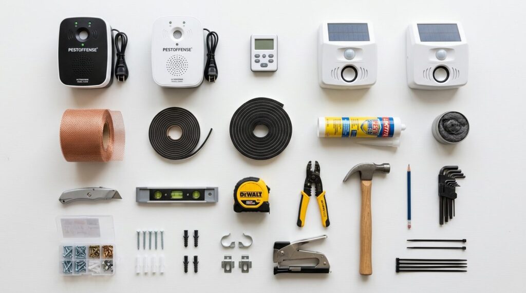 Overhead view of professional pest control equipment laid ou