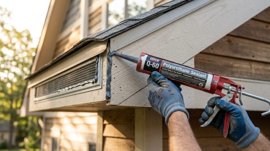 Realistic close-up of attic soffit and roof ventilation open
