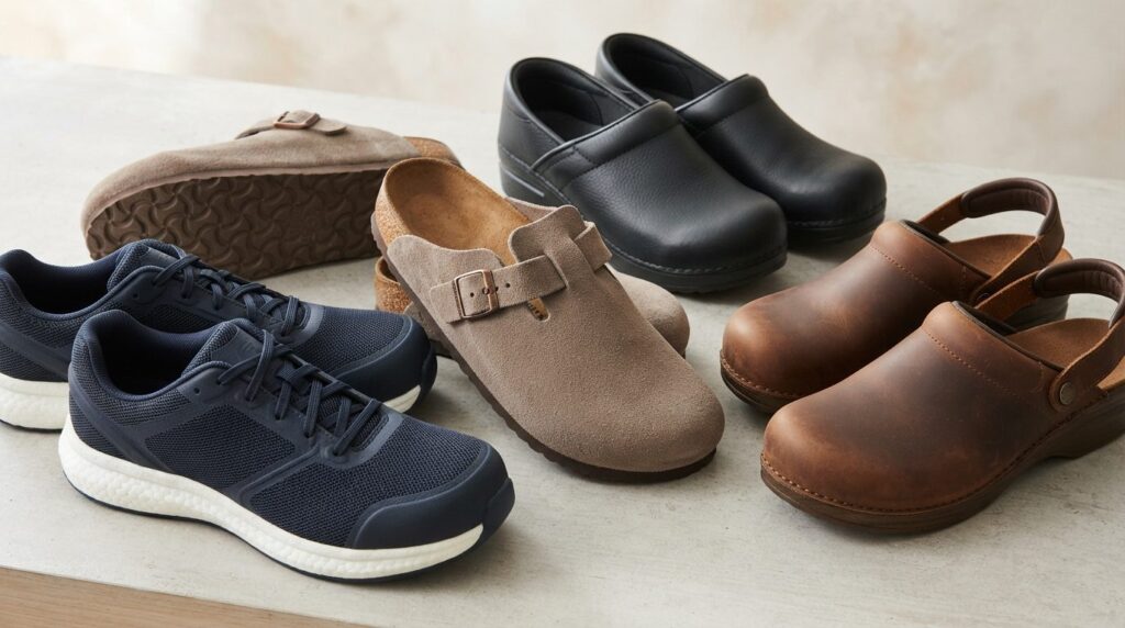 Close-up detailed stock photo of quality work clogs and supp