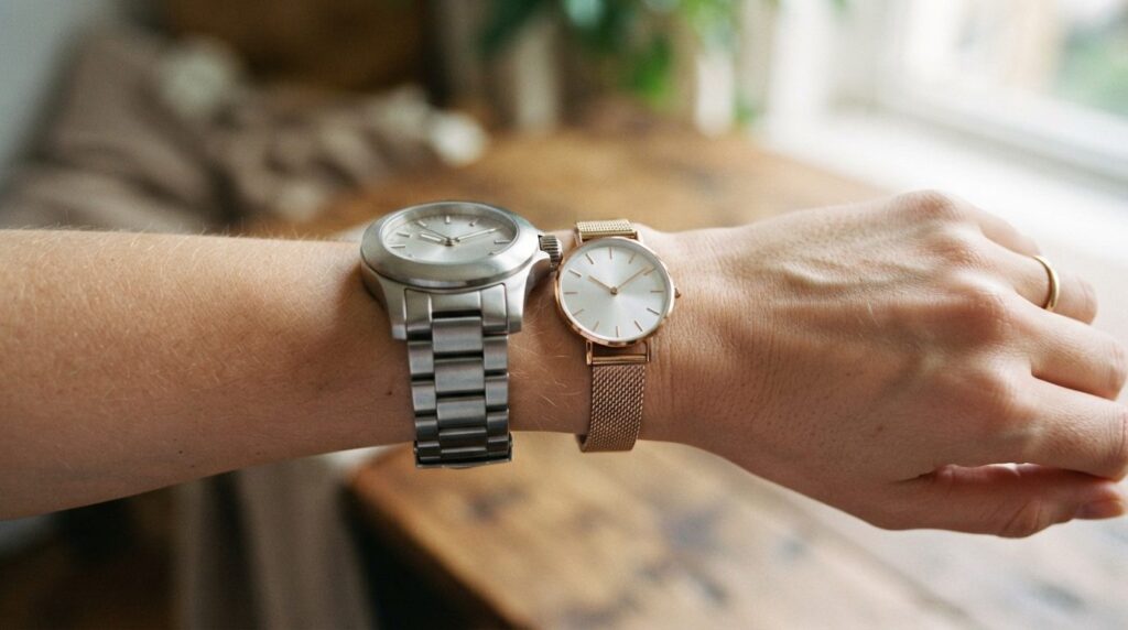 Close-up comparison shot of two womens watches side by side