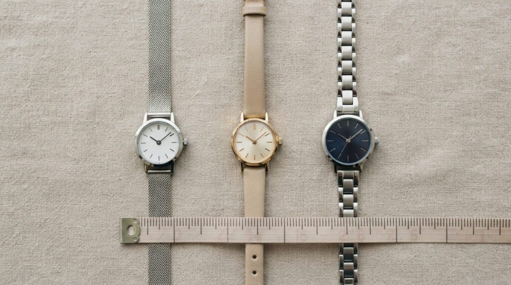 Flat lay overhead shot of three elegant womens watches in d