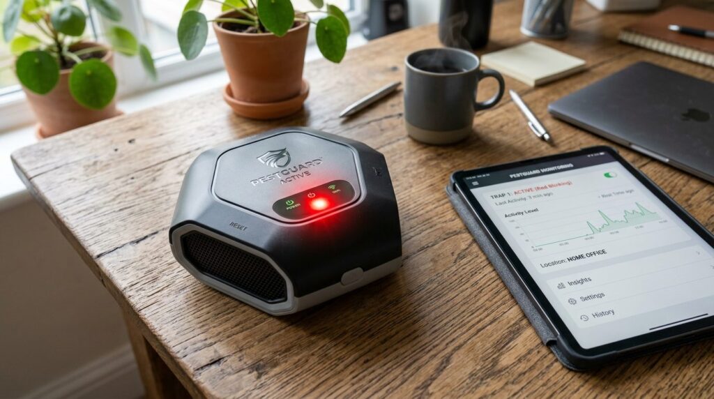 Close-up overhead shot of smart pest control trap with activ